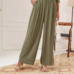 tokyo talkies Women Flared Green Cotton Blend Trousers-picture-15