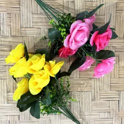 whandly Artificial Pink & Yellow flower Bunch for Vase for home & Office decor Pink, Yellow Rose Artificial Flower image 3