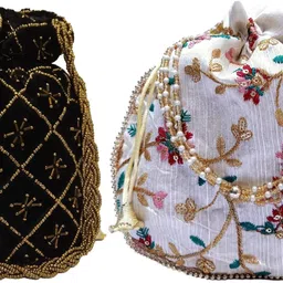 athizay Women Black, White, Gold Potli-picture-14