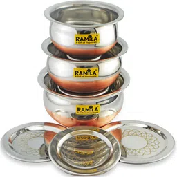 ramila Stainless Steel Serving Bowl Copper Base Set of 3 Handi Set with Lid-picture-10