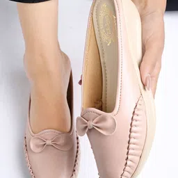 shoetopia Stylish Comfortable Upper Bow Detailed Peach Slip-On Loafers For Girls Loafers For Women image 3