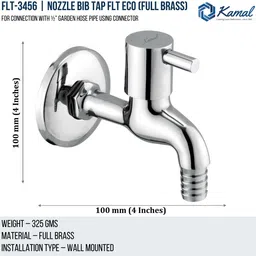 kamal Nozzle Bib Tap FLT Eco |Full Brass| For Use in Garden, Outdoor Washing area with 1/2" Garden hose pipe with connector | 90 degree Open / Close cold water faucet Nozzle Cock Faucet image 3