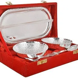 me&you Elegant Silver-Plated Brass Bowl Set of 5 | Decorative Serveware & Gifting Bowl, Tray, Spoon Serving Set image 1