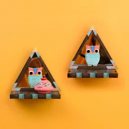 aakriti art creations Triangular Mango Wood Wall Shelf With Blue Owl Motifs Set Of 2 image 1