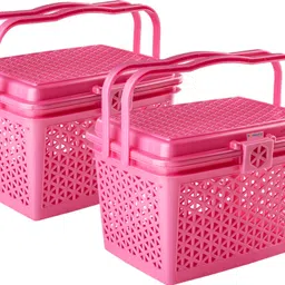 homestic Plastic Pack of 2 Multipurpose Small Storage Box with Lid & Handle | Barbie Pink Storage Basket-picture-16