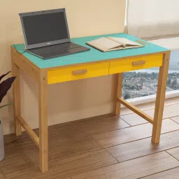 adona Exotica Kids Solid Wood Study Desk with Drawers and Wooden Handles in Misty Turquoise Mango Yellow Colour-picture-19