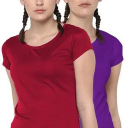 dsws Pack of 2 Women Sporty, Solid Round Neck Polyester Purple, Maroon T-Shirt-picture-12