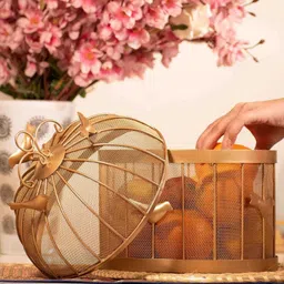 Iron Fruit Bulbul Basket With Mesh (Jaali) & Lid Countertop Best For Dining Table Storage Basket-image-2