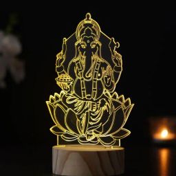 ecraftindia Lord Ganesha on Lotus Design Acrylic & Wood Base LED Table Lamp with Rechargeable Battery-picture-35