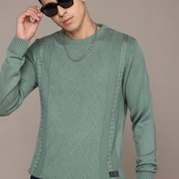 roadster Men Self Design Round Neck Green Sweater-picture-23