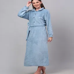 Blue Solid Woolen Women Bath Robe With Belt (XL) By Klotthe image 2