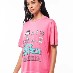 bewakoof Oversized Women Graphic Print Round Neck Pure Cotton Pink T-Shirt-picture-25