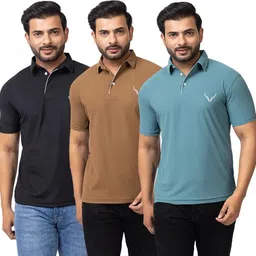 buffaro Pack of 3 Men Self Design Polo Neck Polycotton Black, Brown, Green T-Shirt-picture-26