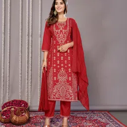 royal export Women Cotton Blend Kurta Pant Dupatta Set image 1