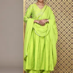 house of pataudi Women Viscose Rayon Kurta Palazzo Attached Dupatta Set-picture-34