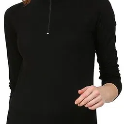 flingr Women Solid Zip Neck Cotton Blend Black T-Shirt-picture-17