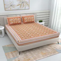 patricko Beige Traditional 220 TC Cotton Double Queen Bedsheet with 2 Pillow Covers-picture-25