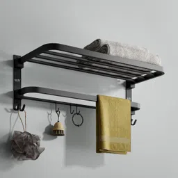 Foldable Towel Stand with Hooks & Hanger | Bathroom Shelf in Matte Black Black Towel Holder-image-31