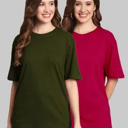 funday fashion Pack of 2 Women Solid Round Neck Cotton Blend Green, Pink T-Shirt-picture-16