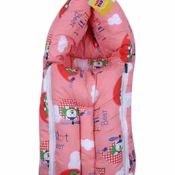 fareto New Born Baby Cat Print Mattress with Mosquito Net & Sleeping Bag Combo (0-6 Months) Baby Bed Printed Peach image 4