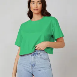 Women Solid Round Neck Cotton Blend Green T-Shirt-image-94