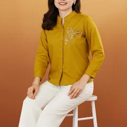 fabricemporium Women Comfort Fit, Regular Fit Embroidered Button Down Collar Casual Shirt image 3
