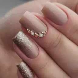 Elegant Nude Gold Sparkle Artificial Nail Set with stone for Women and Girls Beige-image-6