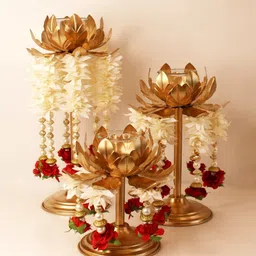 brand retail modern Golden tealight holder has stylishly shaped Lotus Candle Holder Stand for Flower Shape Metal Beautiful Design Home Decoration Festival Occasions Combo Pack of 3 Iron 3 - Cup Tealight Holder Set-picture-23