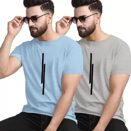 revizo Pack of 2 Men Solid Round Neck Polyester Light Blue, Grey T-Shirt-picture-11