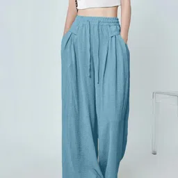Women Regular Fit Light Blue Polycotton Trousers-image-43
