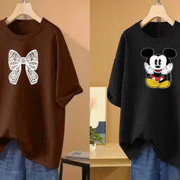 rapturous Pack of 2 Women Printed Round Neck Cotton Blend Brown, Black T-Shirt-picture-11