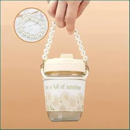 heinriched Glass Tumbler with Lid & Pearl Handle Mason Jar Style Floral Print Plastic Coffee Mug image 4