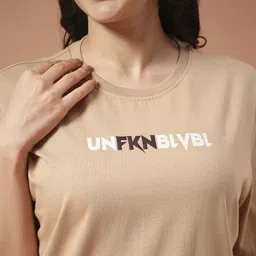 the dry state Women Printed Round Neck Pure Cotton Beige T-Shirt image 3