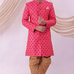 Pooja Ethnic Pooja Ethnic Men's Orange Jacquard Sherwani with Dhoti PE9014 Solid Sherwani image 4