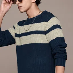 Men Striped Round Neck Blue Sweater-image-8