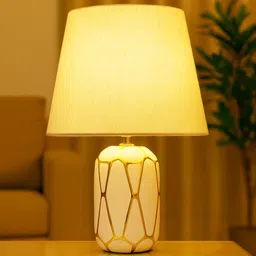 homesake Retro Ceramic Bedside Table Lamp with Fabric Shade, White Gold Hive, Khadi Table Lamp-picture-10