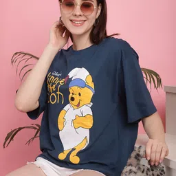 dreambe Women Printed Round Neck Cotton Blend Dark Blue T-Shirt-picture-12