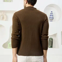 kvetoo Men Self Design High Neck Brown Sweater image 2