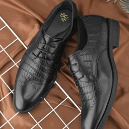house of pataudi Men Black Solid Formal Leathertte Formal Office Wear Derby Lace Up Shoes Derby For Men image 1