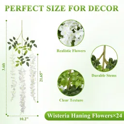 jj homes Artificial Wisteria Flower Vine 4 Pack Silk Long String Home Party Decor(White) White Westeria Artificial Flower image 3