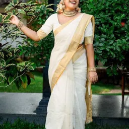 houseofcommon Solid/Plain Kasavu Cotton Linen Saree-picture-27