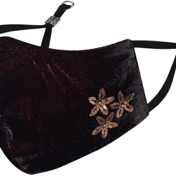 masq Anti-Pollution, Anti-Bacterial (BFE>99%) 4 Layer Embroidered, Designer, Fashionable & Protective Velvet Cloth Face Mask for Women, Girls with Detachable Chain, Size Adjustable Ear Loops & Mask Bag Velvet_Wine_Medium_01 Reusable, Washable Cloth Mask-picture-28