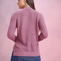 dressberry Women Solid, Self Design Round Neck Pink Sweater image 5