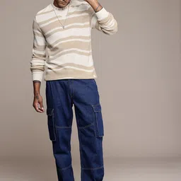 roadster Men Striped Round Neck Beige Sweater image 4