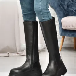 nico nerini Women's Knee-High Black Leather Platform Boots with Chunky Lug Sole Boots For Women image 2