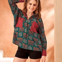 Women Oversized Fit Geometric Print Button Down Collar Casual Shirt-image-58
