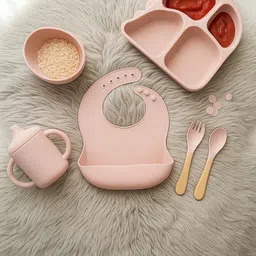 isupta Bone China 6-Piece Silicone Baby Feeding Set with Suction Base and Wooden Handles Dinner Set image 4