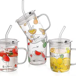 (Pack of 4) (Pack of 4) GLASS MASON JAR WITH HANDLE Glass Set 350 ml, Glass) Glass Set Water/Juice Glass-image-78