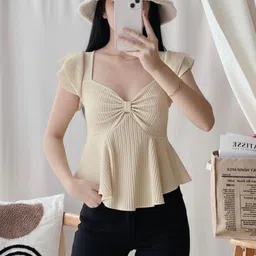 tops nova Casual Puff Sleeves Solid Women Beige Top image 4