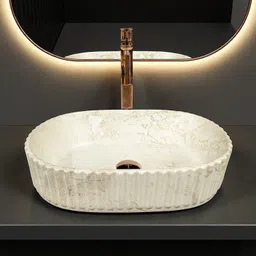 inletcera Premium Ivory Marble Figure Ceramic Wash Basin for Bathroom and hotels(M95) Matt (19.5x13x5)HR Line(M-95) Matt Table Top Basin image 2